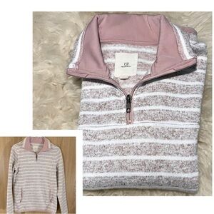 Thread & Supply Knit Striped Pink/ White Pullover 1/4 Zip Oversized Sweater